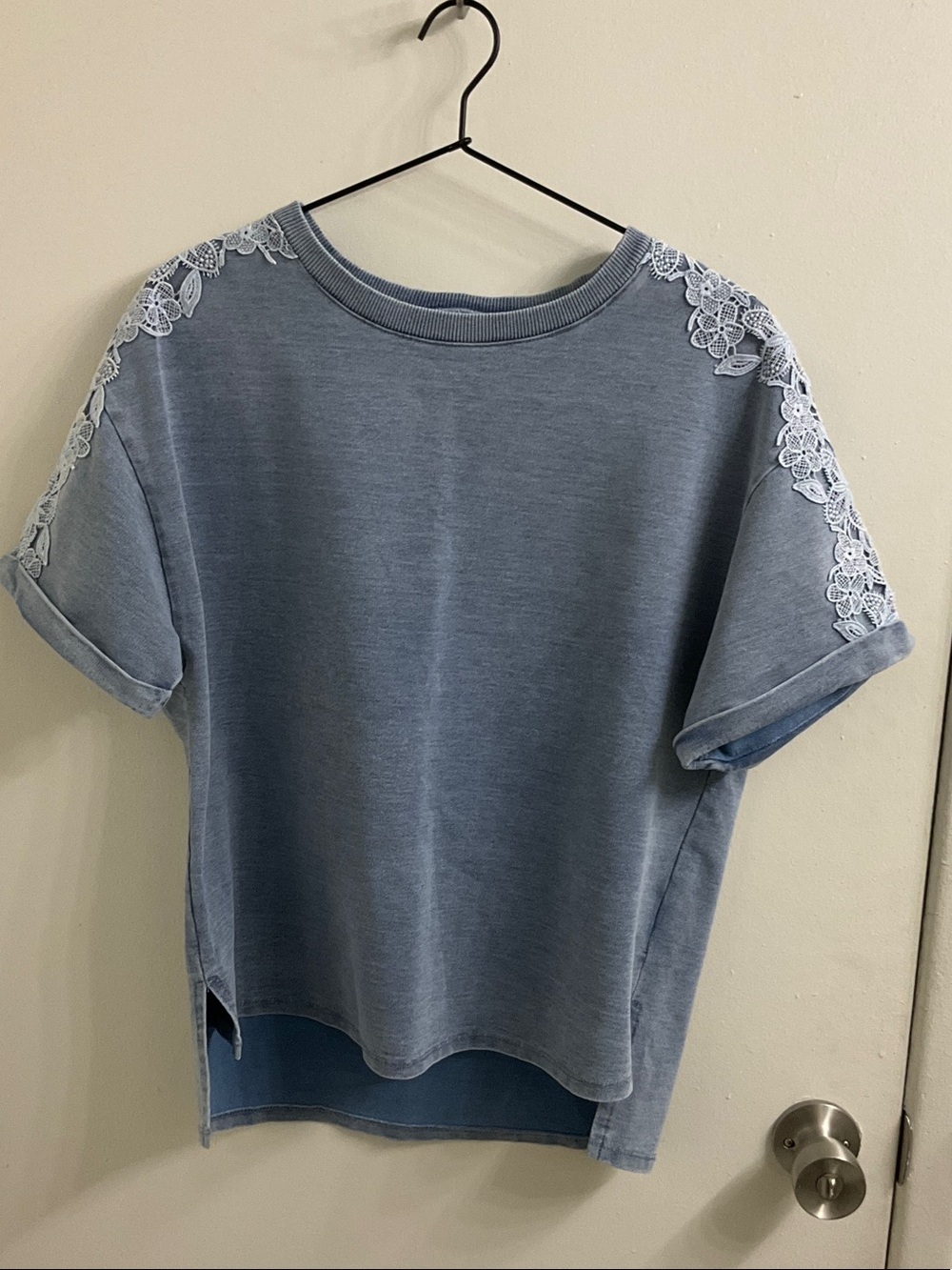 Nannette Washed Blue Short Sleeve Tee with White Lace Shoulders